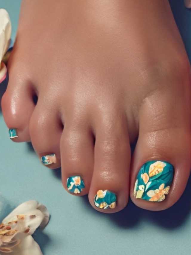 A woman's toes with flowers and flowers on them.