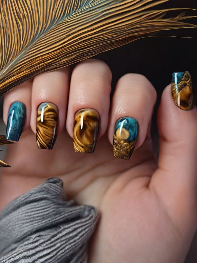 A woman's hand holding a feather with a blue and gold design on it.