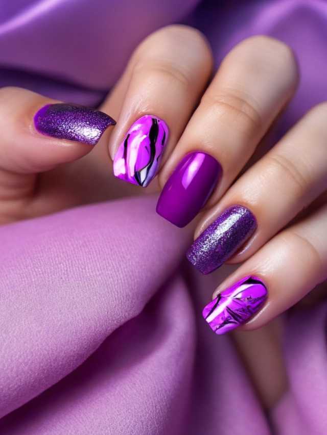 A woman's hand with purple and silver nails on a purple background.