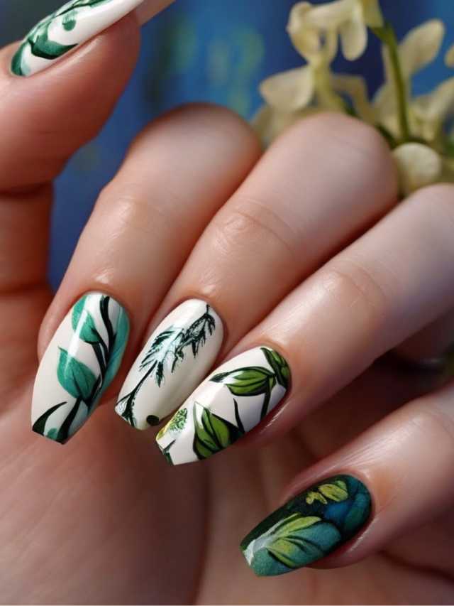 A woman's hand with green leaves on her nails.