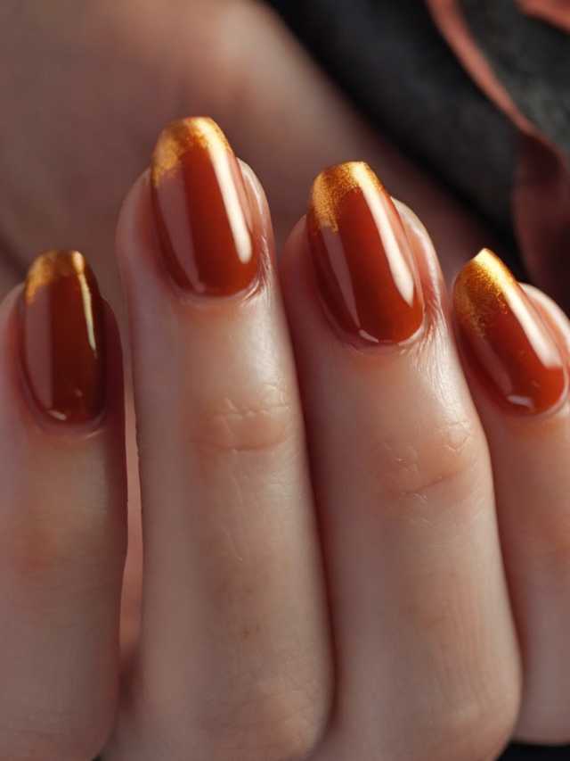 A woman's nails with orange and gold accents.