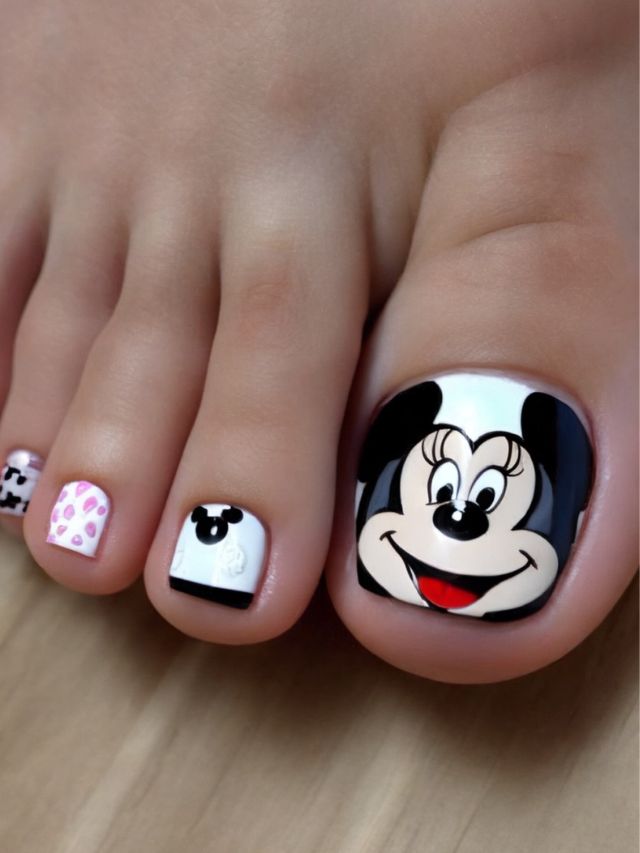 A girl's toe is decorated with mickey mouse.