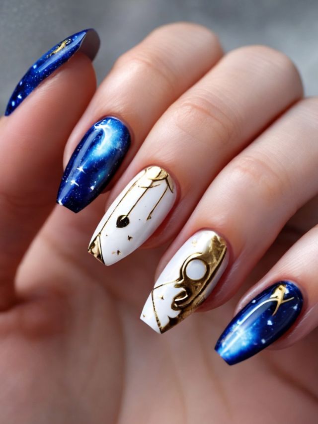A woman's nails with blue and gold designs on them.