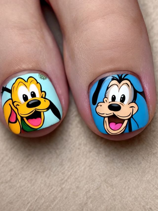 A person's toes are painted with disney characters.