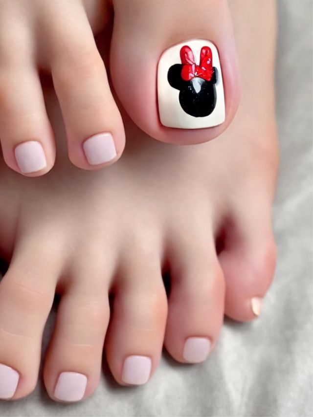 A woman's toes with minnie mouse on them.