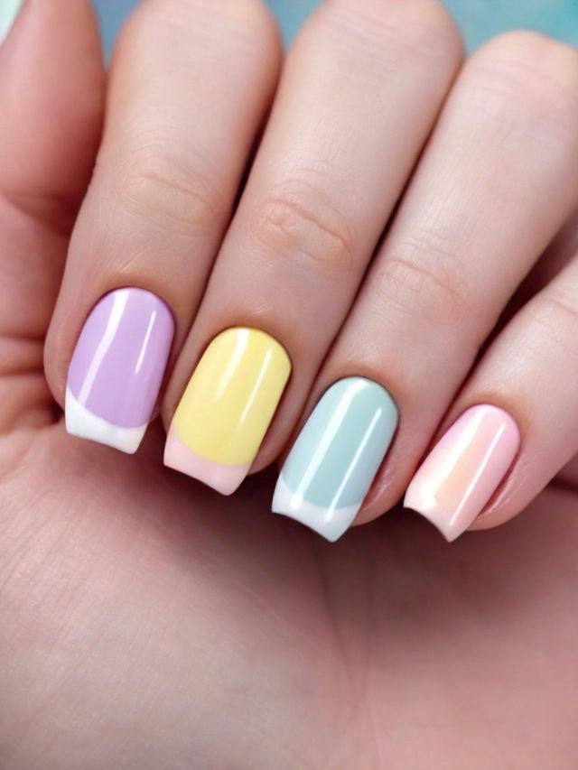 Easter-inspired pastel-colored nail designs for a woman's hand.