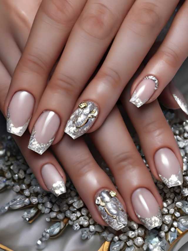 A woman's nails are decorated with silver and diamonds.