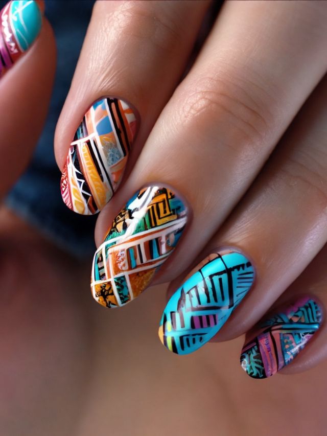A woman's nails are decorated with colorful geometric designs.