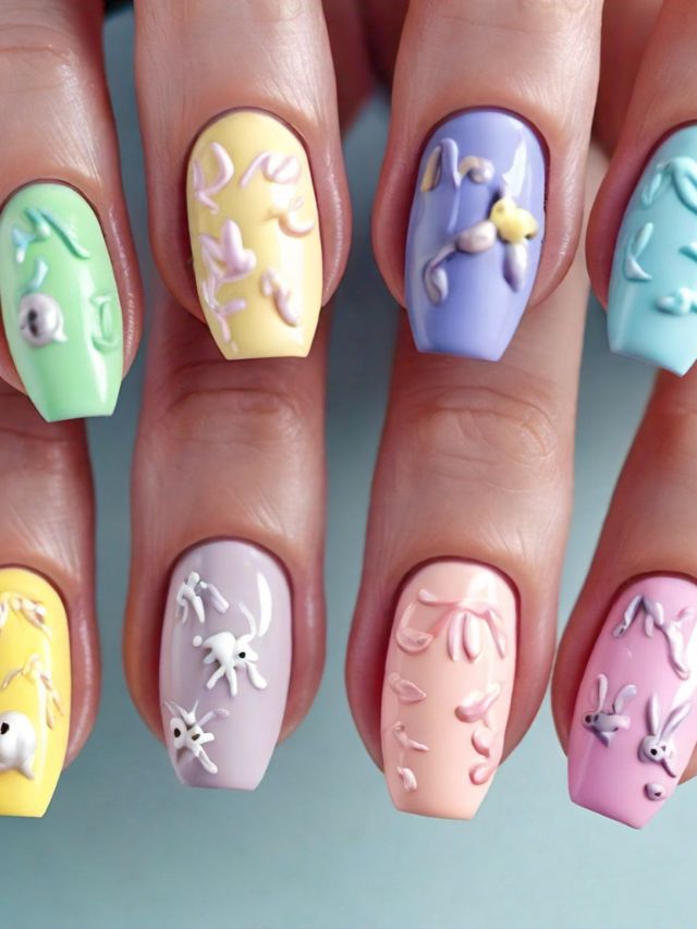 A woman's nails are decorated with vibrant Easter-themed designs.