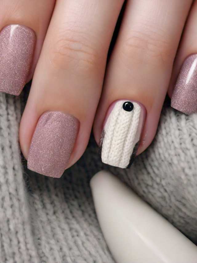 A woman's hand with a pink sweater and white nails.