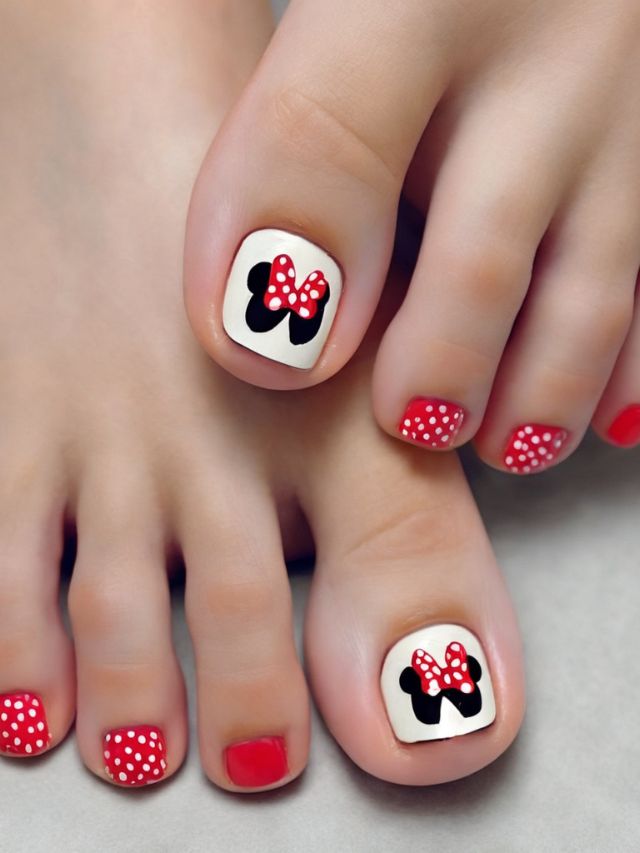 A pair of toes with minnie mouse and polka dots on them.