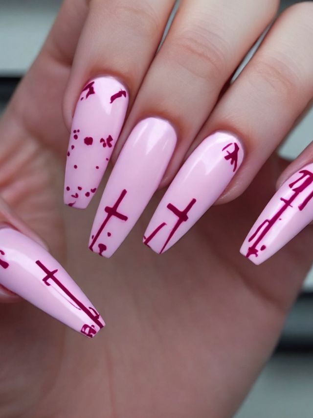 A woman's pink nails with bloody designs on them.