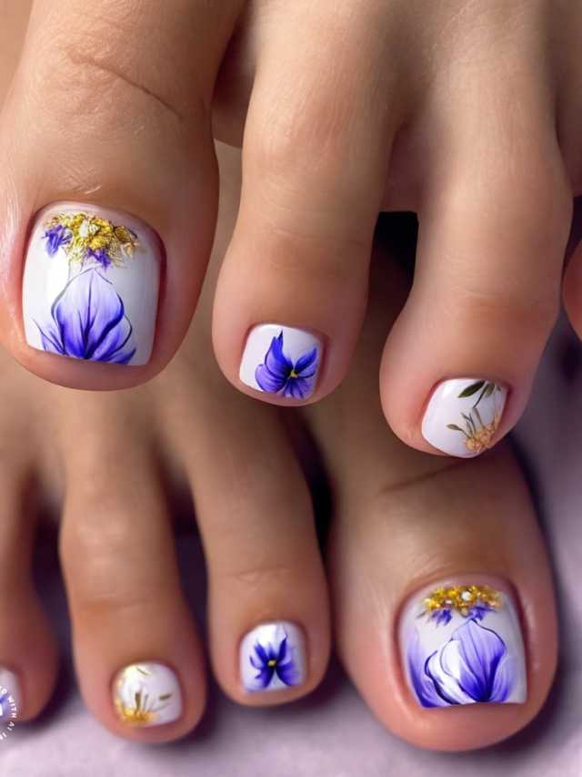 A woman's toes with blue and white flowers on them.
