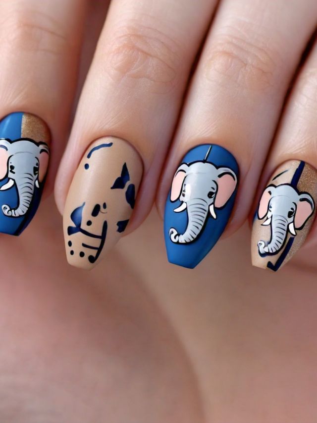 A woman's nails are decorated with elephants and a blue background.