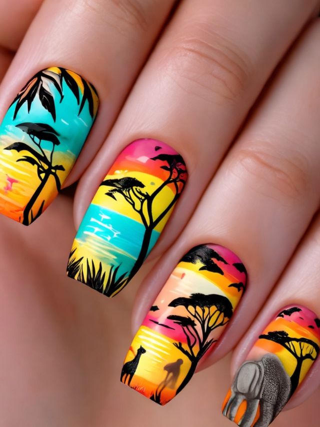 A colorful nail art design with giraffes and elephants.