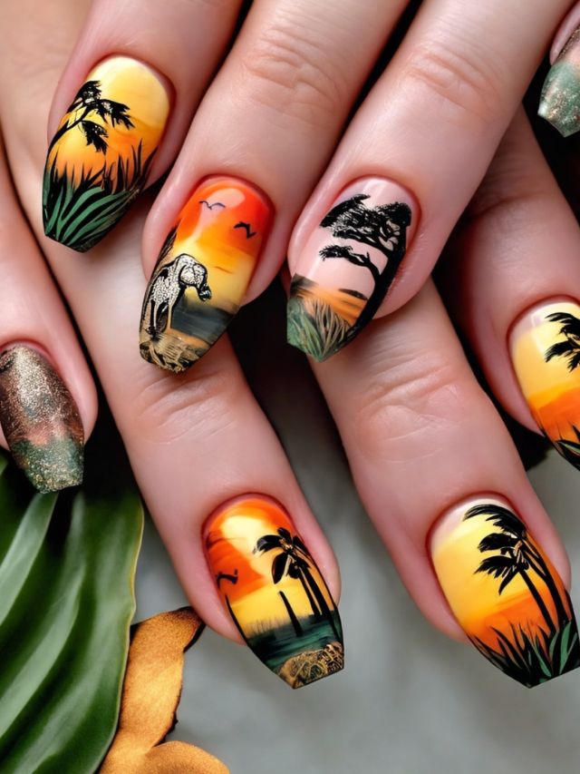 A woman's nails are painted with a sunset and palm trees.