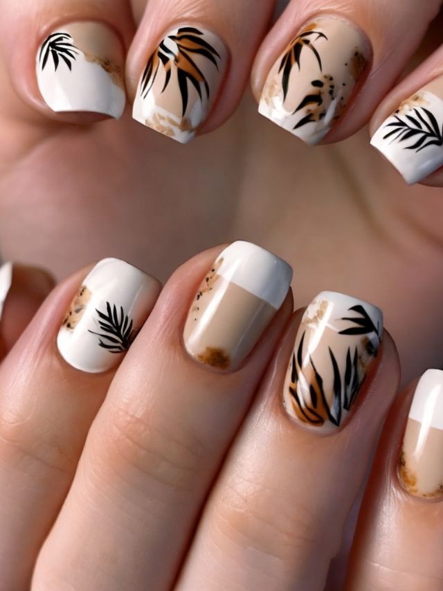A woman's nails are decorated with black and white leaves.