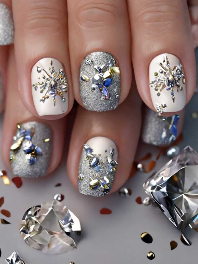 A woman's nails are decorated with diamonds and silver.