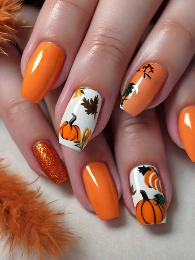A woman's nails are decorated with orange pumpkins and feathers.