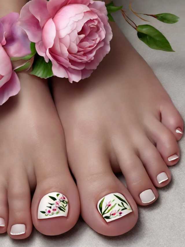 A woman's feet with pink flowers on them.