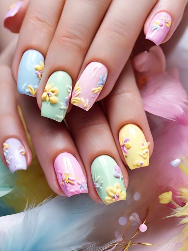 A woman's nails have floral and feathery designs, perfect for Easter nail ideas.