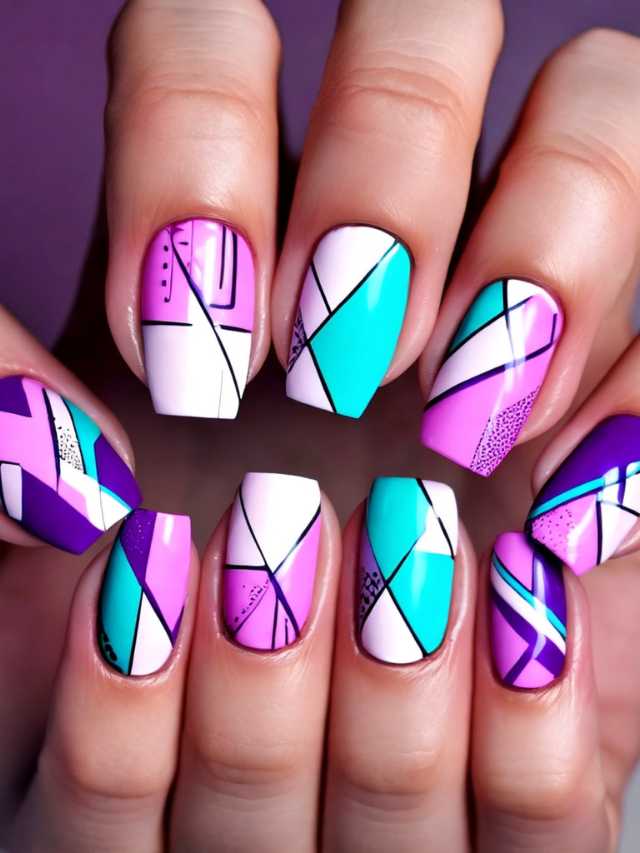 A woman with purple, blue and white nails with geometric designs.