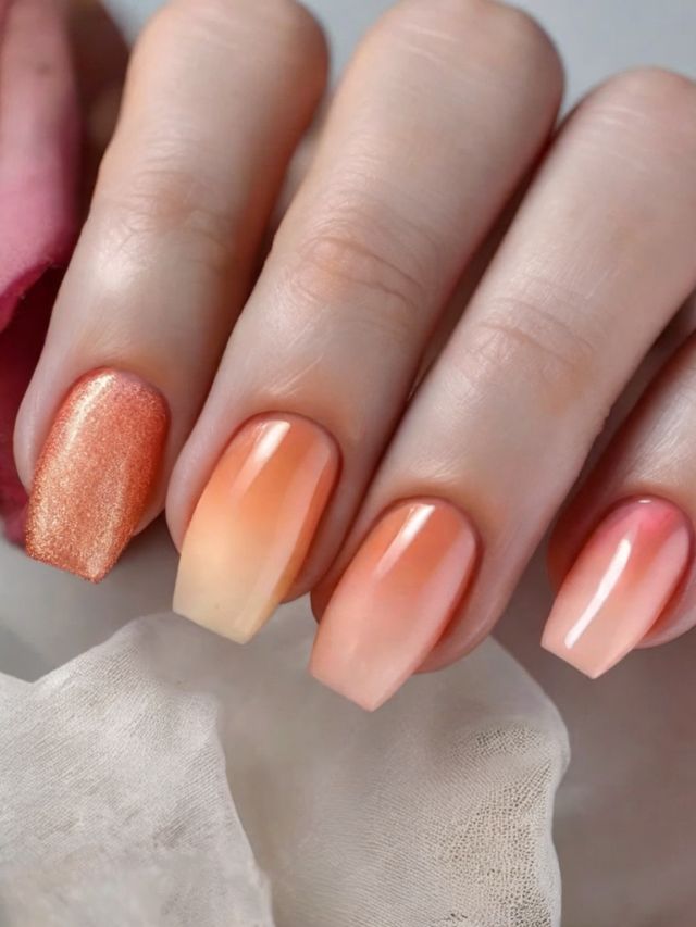 A woman's hand with orange and pink ombre nails.