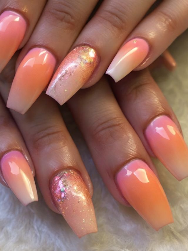 A woman's pink and orange nails with glitter on them.