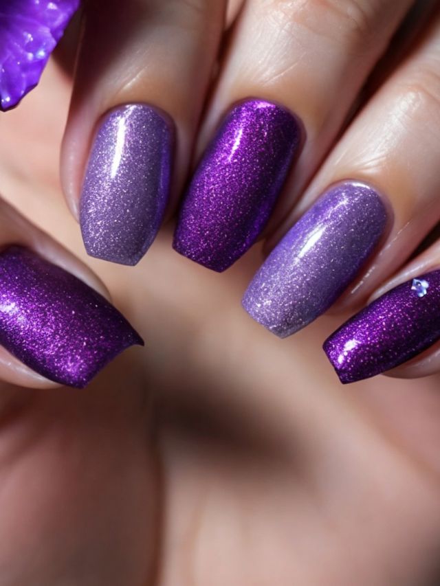 A woman's nails with purple glitter and purple flowers.