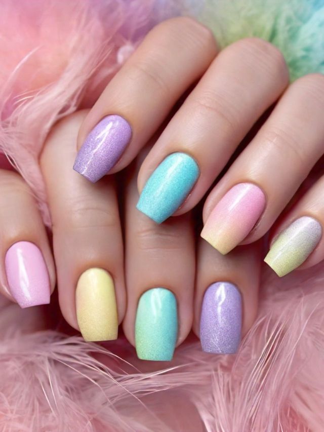 A woman's hand with colorful nail polish showcasing pastel Easter nail designs.
