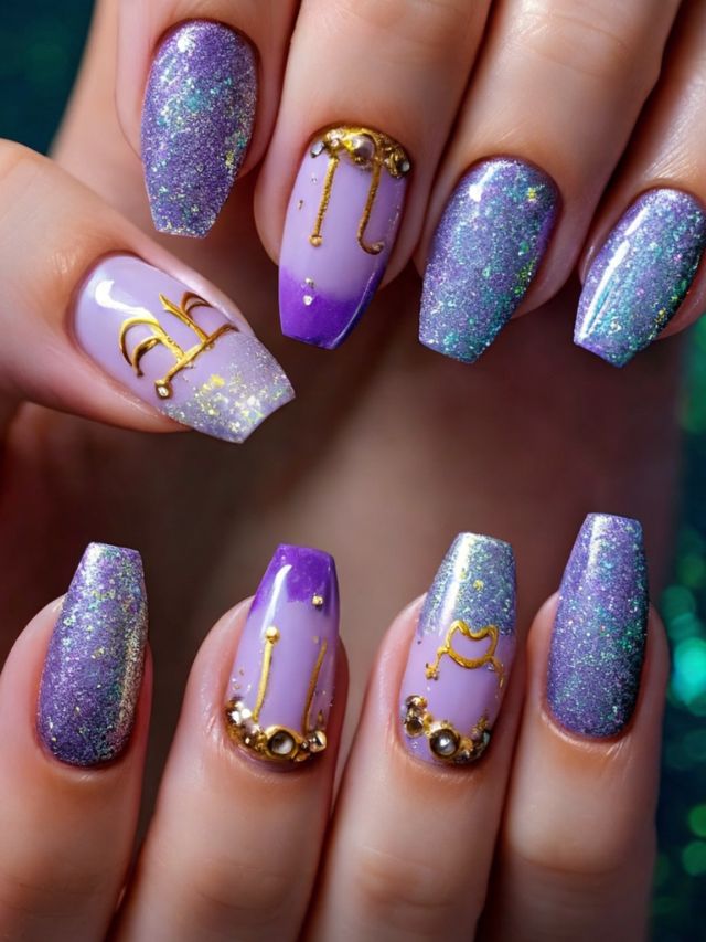 A mani with purple and gold nails.