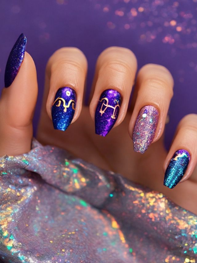 A woman's hand holding a purple and blue glitter nail polish.