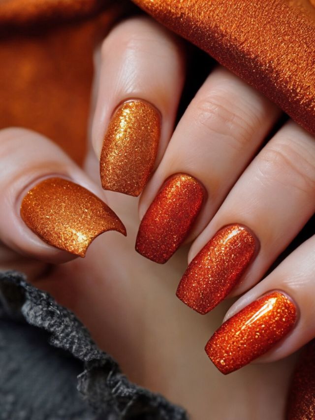 A woman's hand holding an orange glitter nail polish.