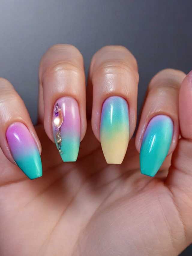 A woman's hand with a colorful ombre manicure.
