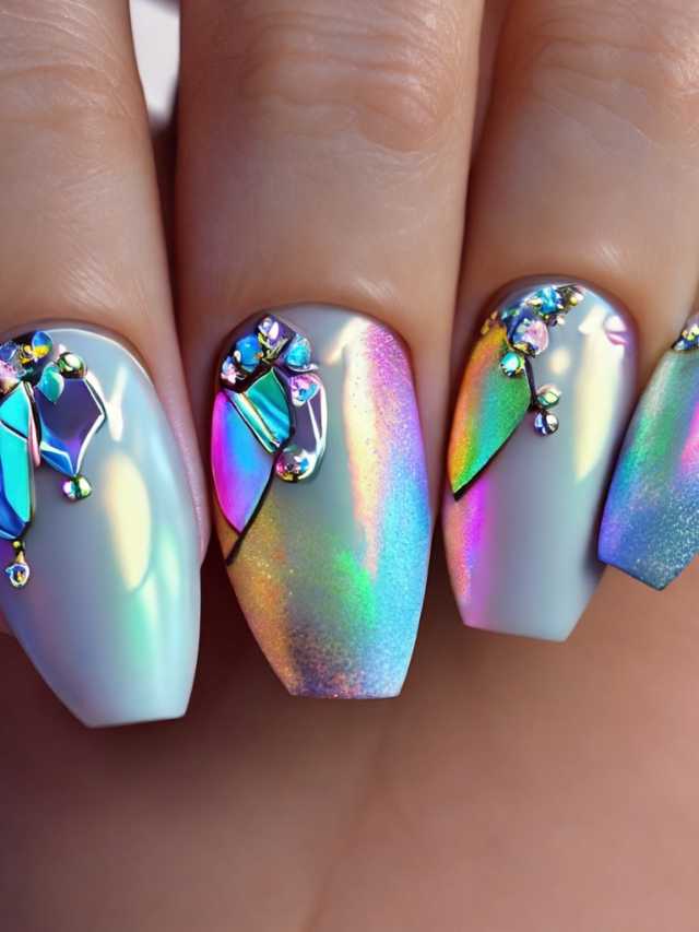 A woman's nails with holographic designs on them.