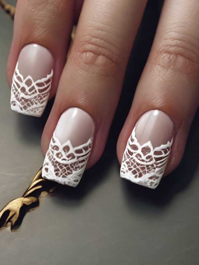 A woman's nails with white lace designs.