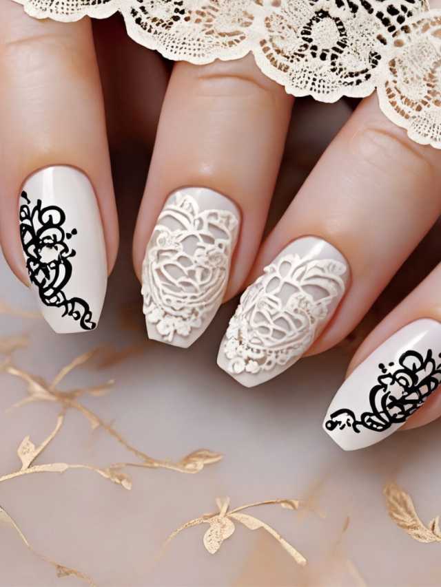 A woman's nails with white lace and lace designs.