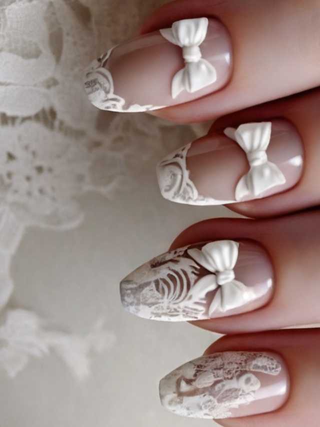 A woman's nails with white lace and bows.