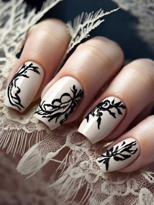 A woman's hand with black and white nail designs.