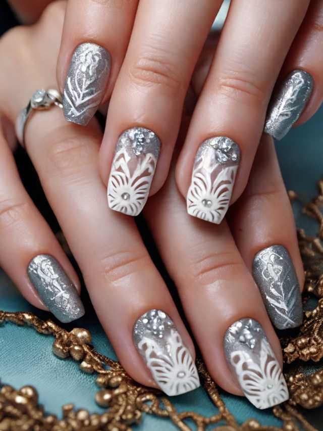 A woman's hands with silver and white nail designs.
