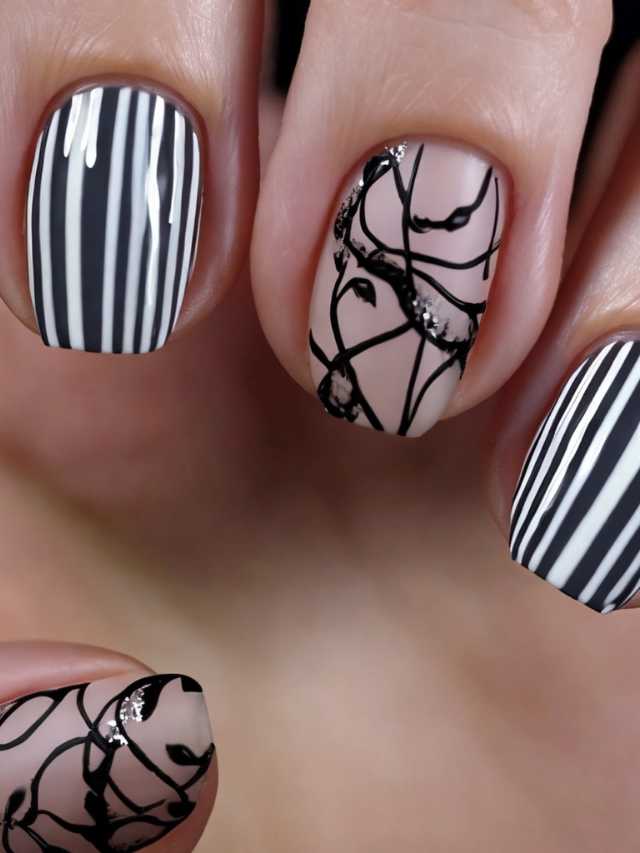 Black and white nails with striped designs.