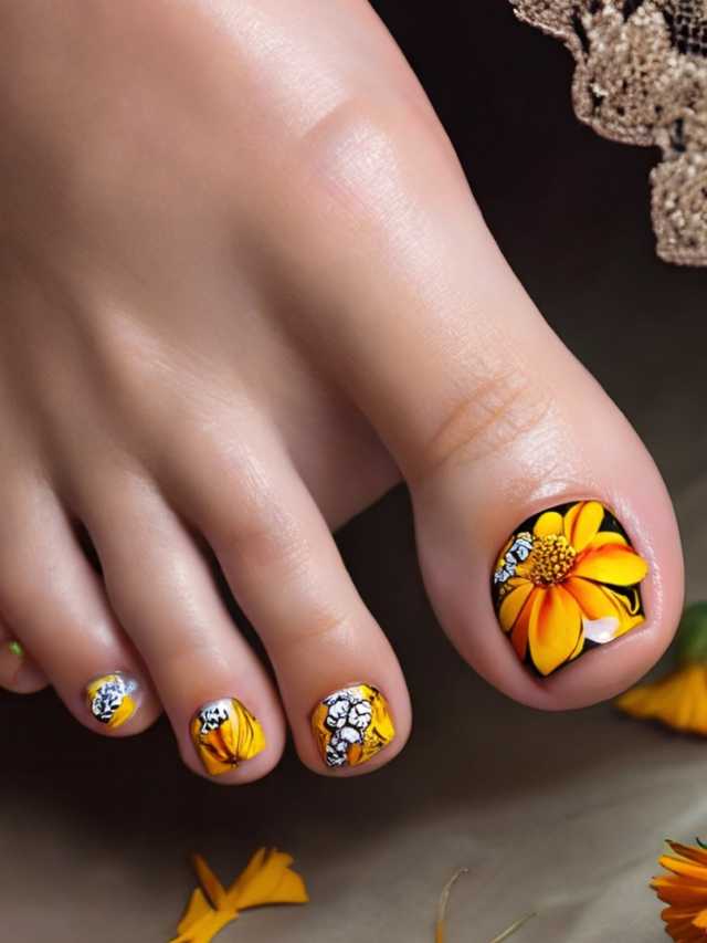 A woman's toes with yellow flowers on them.