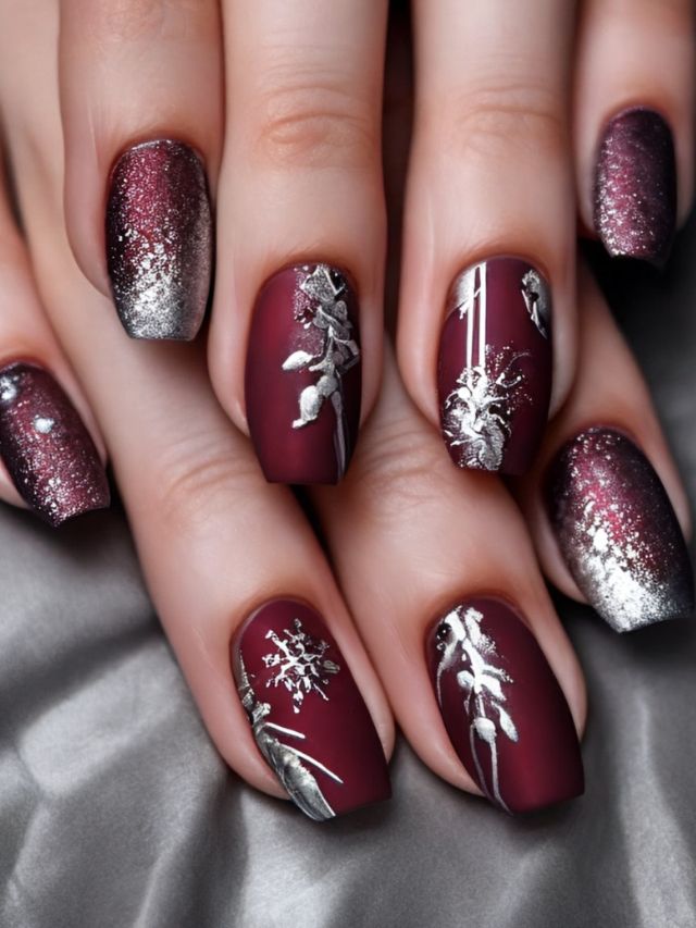 A woman's hands with burgundy and silver nail designs.