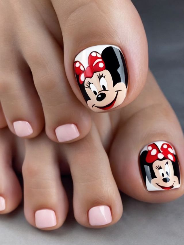 A woman's toes are decorated with minnie mouse.