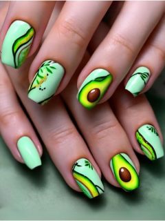 A woman's nails are decorated with avocados and leaves.
