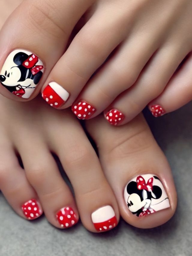 Minnie mouse toe nails with red polka dots.