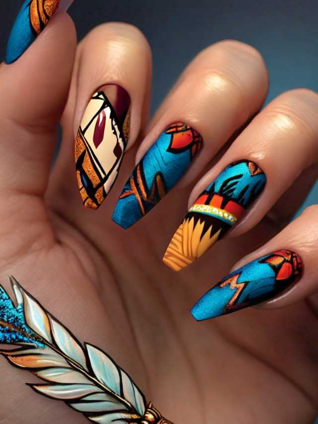 A woman's nails are decorated with feathers and designs.