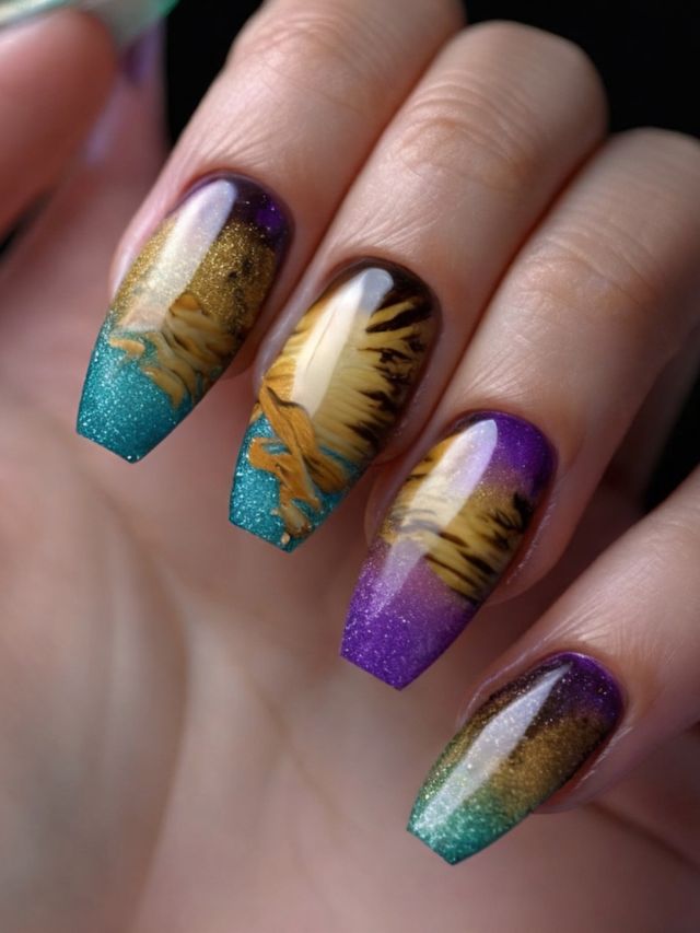 A woman's nails with purple, green, and blue designs.