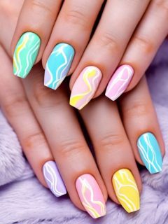 A woman's hand with Easter-themed nail designs.