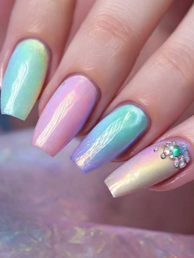 A woman's pink and blue nails with holographic glitter.